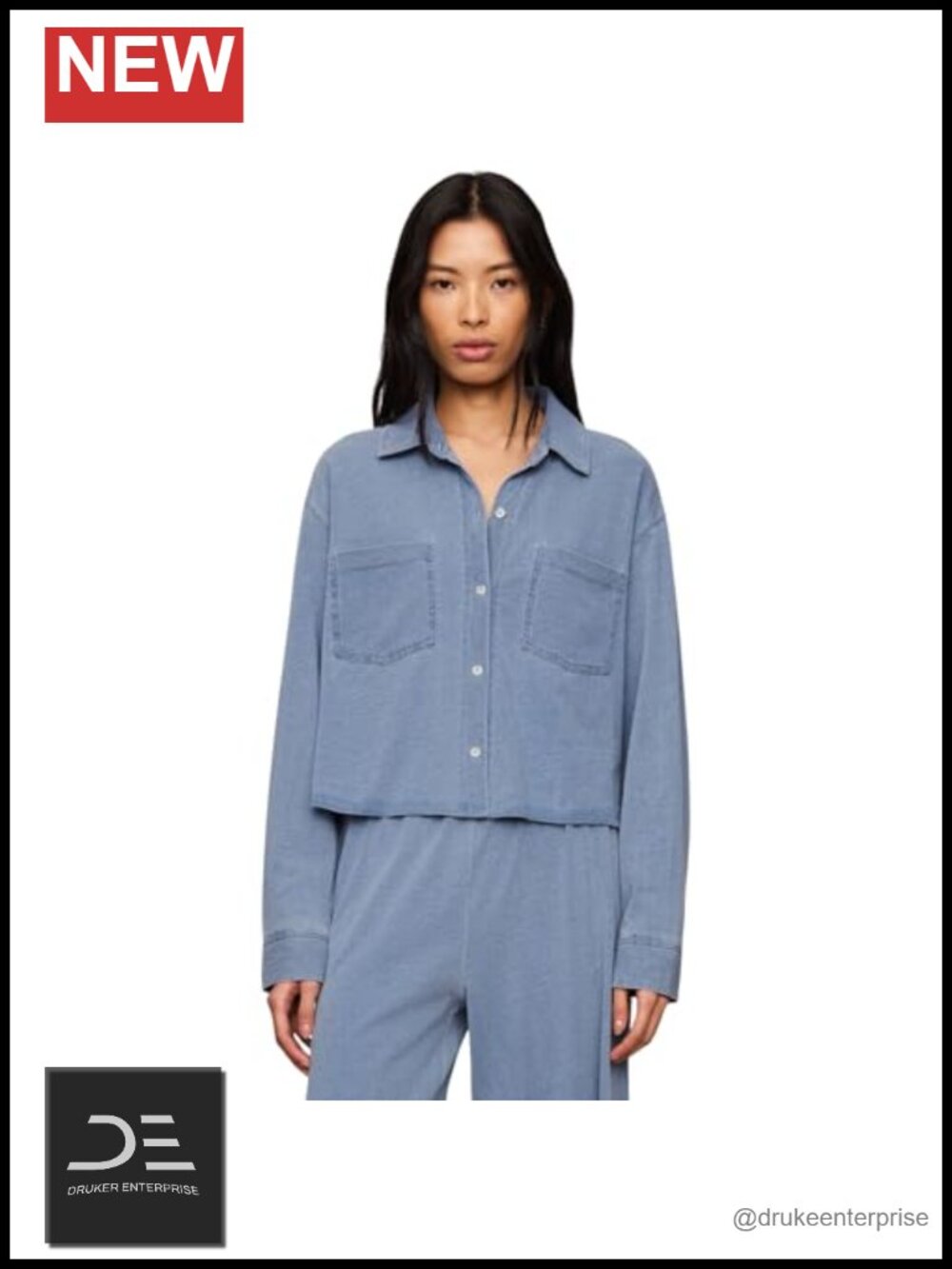 Women's Cropped Reese Denim Button Up Shirt - 100% Cotton, Long Sleeve, Collared